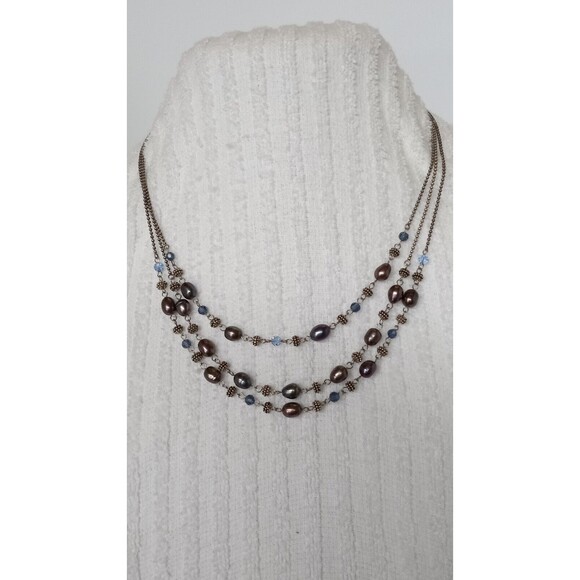 Layered Freshwater Pearl & Silvertone Bead Necklace 18, 19 & 20 in + 2 in ext - Picture 2 of 5